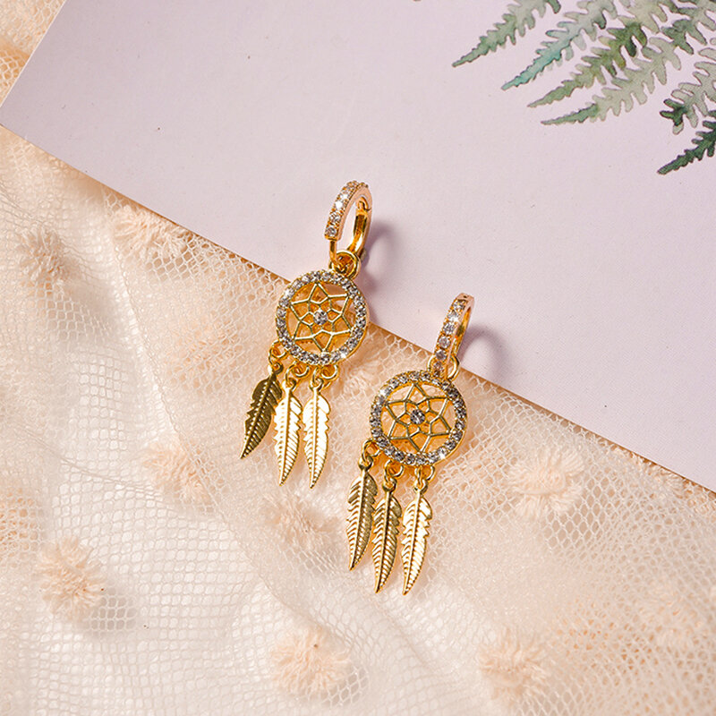 Orecchini pendenti in vera piuma di oro 14 carati squisiti alla moda per le donne gioielli di alta qualità Bling AAA zircone orecchio fibbia regalo Fine