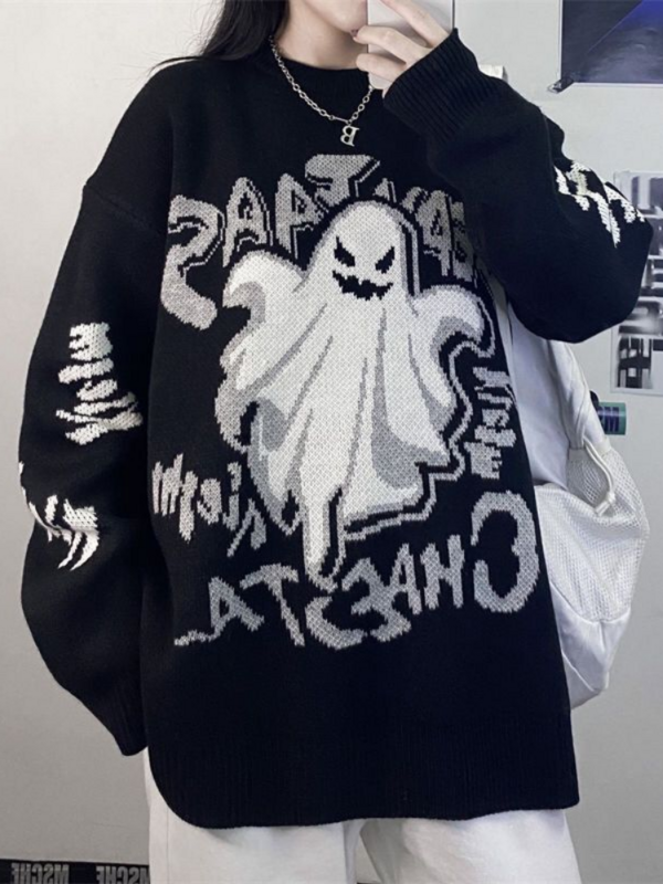 QWEEK Gothic Harajuku Ghost พิมพ์เสื้อกันหนาวถักผู้หญิงถัก Pullvers หนา Retro Mall Goth Tops 2022ฤดูใบไม้ร่วงฤดูหนาว