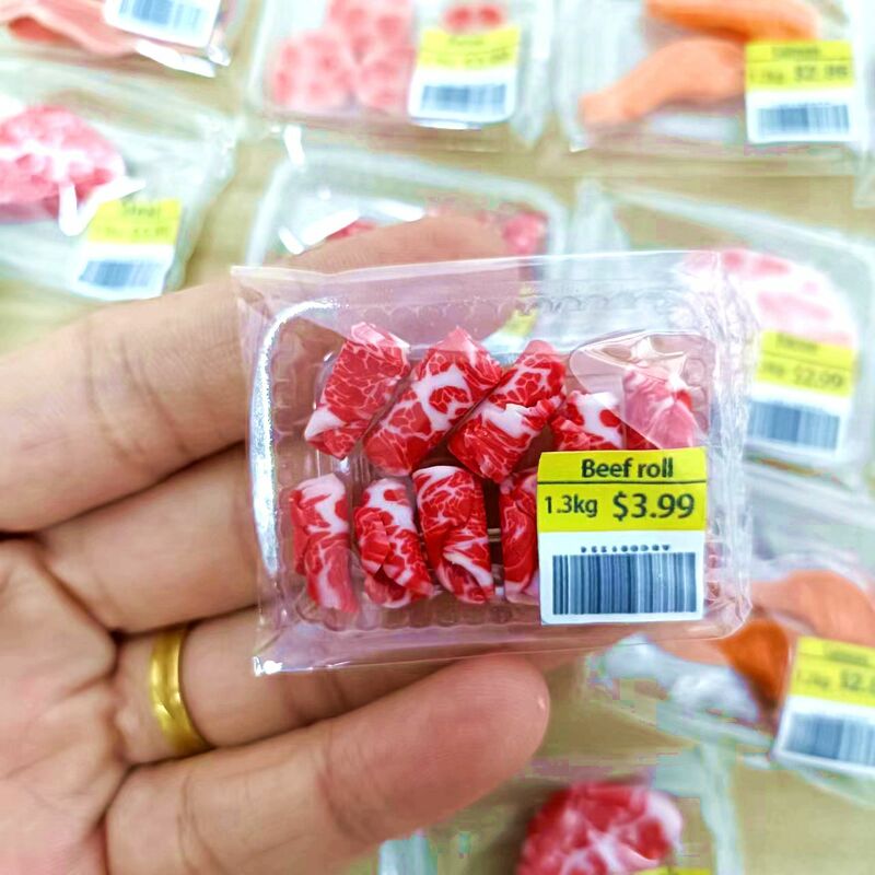 New Miniature Supermarket food simulation beefsteak salmon Bacon  beef roll for Doll House Mini Kitchen Clay food Accessories