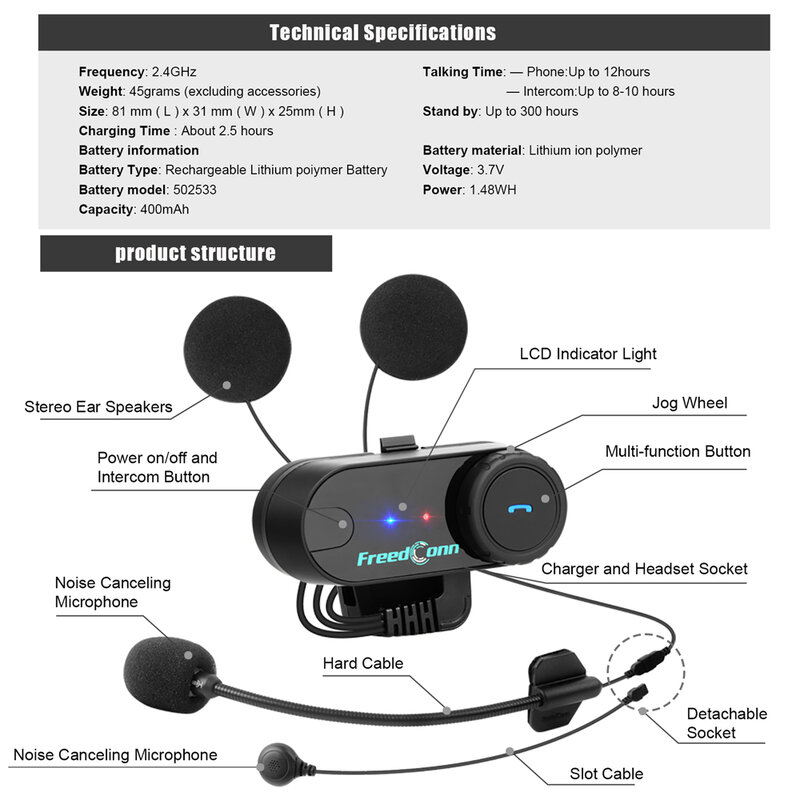 Freedconn-intercomunicador para casco de motocicleta, auriculares con Bluetooth, BT 5,0, FM, intercomunicador para compartir música, 6 conductores, VB