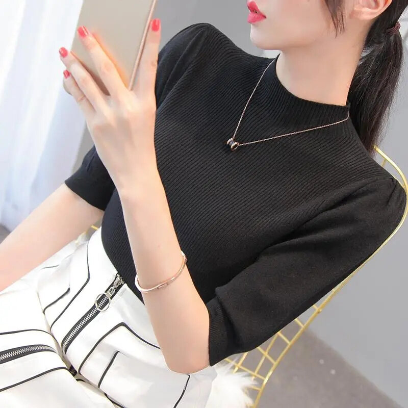 Knitted T-shirt Spring Summer Women's Half High Neck Knitwear Pullover Short Sleeve Slim Knit Tops Jumpers Bottoming Shirts