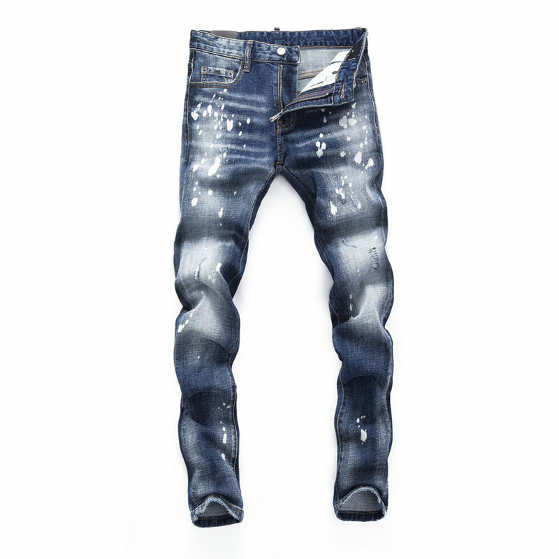 Pantalones vaqueros rasgados Vintage para Hombre, Jeans elásticos de alta calidad, color azul, diseño pintado