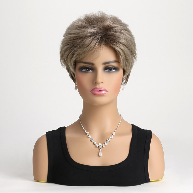 Syntetyczne krótkie peruka z prostymi włosami dla kobiet peruki z grzywką mieszane blond peruka codziennego użytku włókno termoodporne