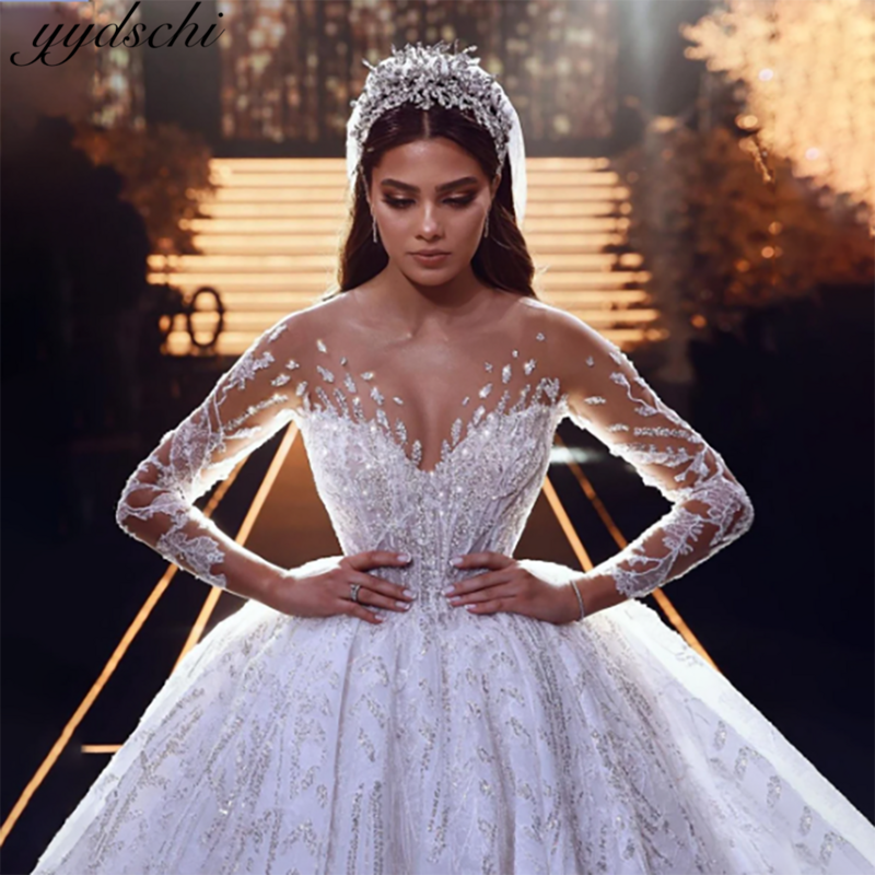 Luxury Dubai Sparkly Beaded Sequin Ball Gown Wedding Dresses 2024 Ruffles Illusion With Court Train Tulle Bridal Gowns For Women