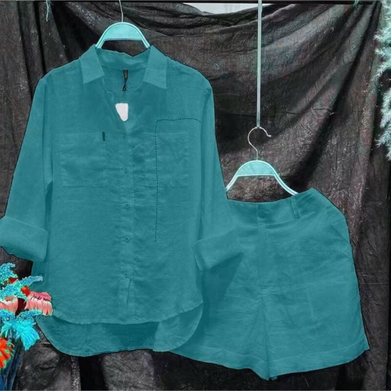 Женский комплект из двух предметов, однотонный повседневный комплект из рубашки и шортов с длинным рукавом, весна-лето 2024