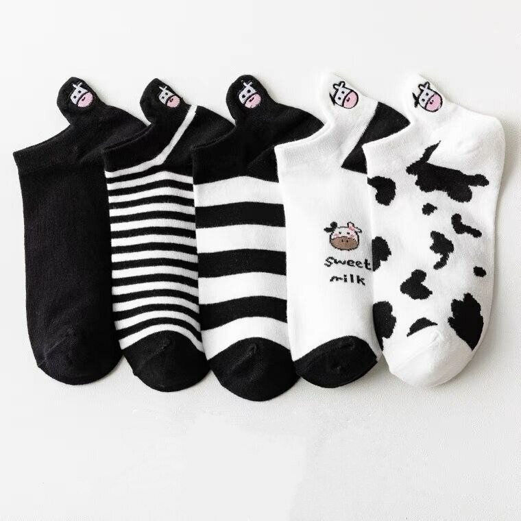 5 пар, женские короткие носки с принтом коровы