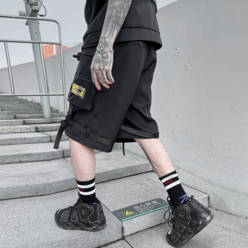 Shorts táticos de carga de retalhos de flâmula multi-bolso masculino, moda técnica de rua, calças cortadas, verão, Y2K, 2022