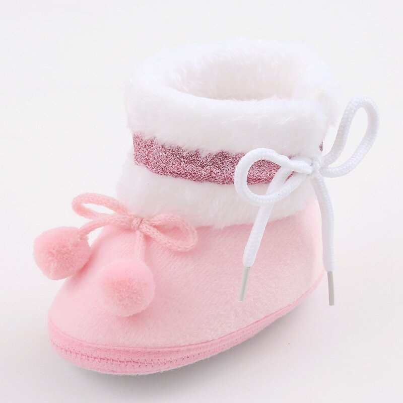 Sepatu bot bayi laki-laki perempuan, sneaker Bobbles pita anti Slip sol lembut alat bantu jalan pertama musim dingin hangat