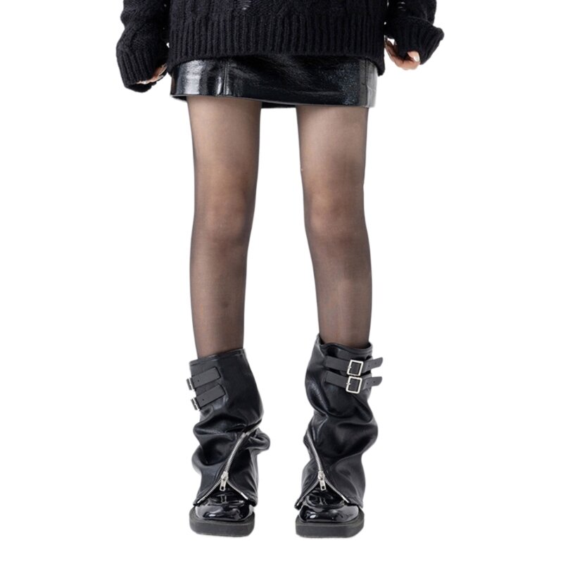 Damen-Beinwärmer mit unregelmäßigem Reißverschluss, Y2K-Punk-Beinbezug aus PU-Leder mit Schnalle