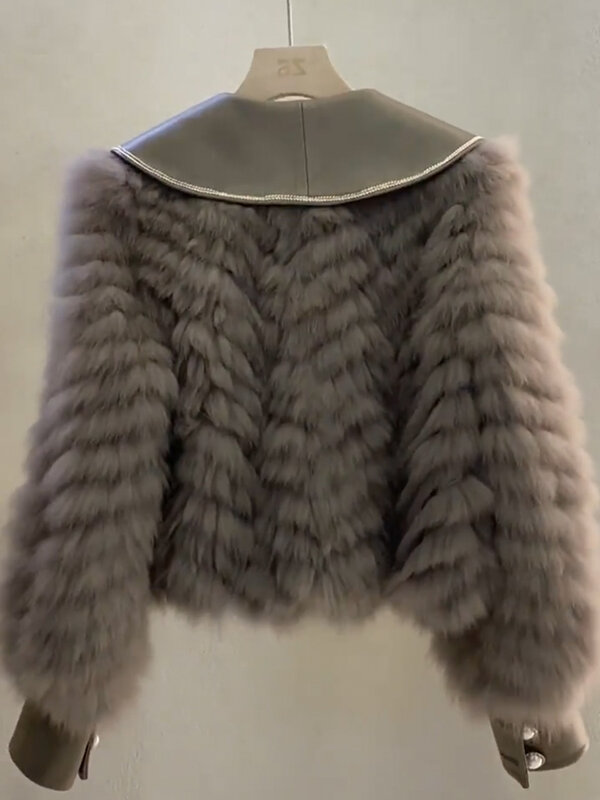 Women's PU Faux Fox Fur Coat, Patchwork Top, Cinza, Nova Moda, Frete Grátis, 2023