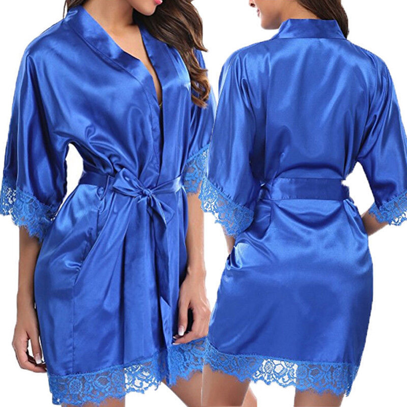 Sexy Women's Silk Lace Stitching Lingerie Half Sleeve French Romance Bathrobe Sleepwear Robe Dress Female Nightgown Nightwear