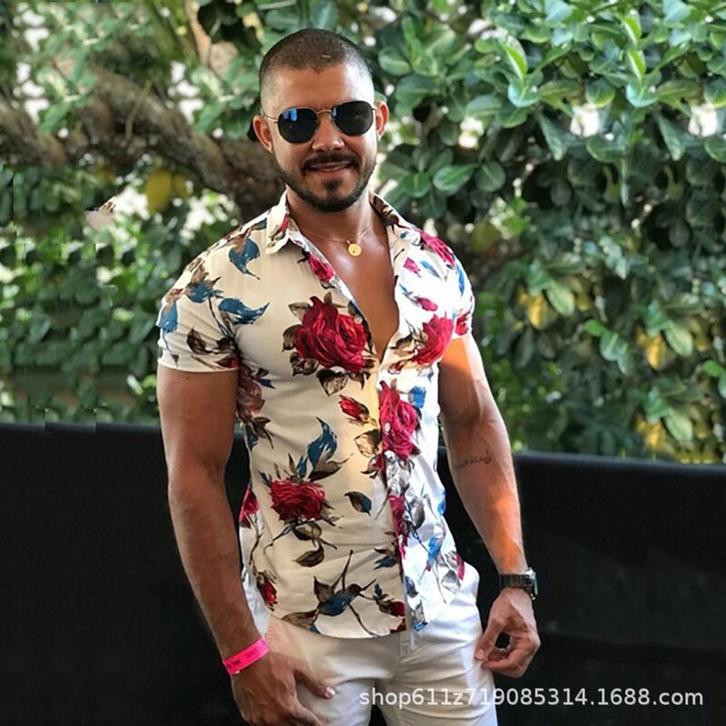 Рубашка мужская с цветочным воротником, модная повседневная Свободная блуза с коротким рукавом, гавайская уличная одежда, весна-лето 2024