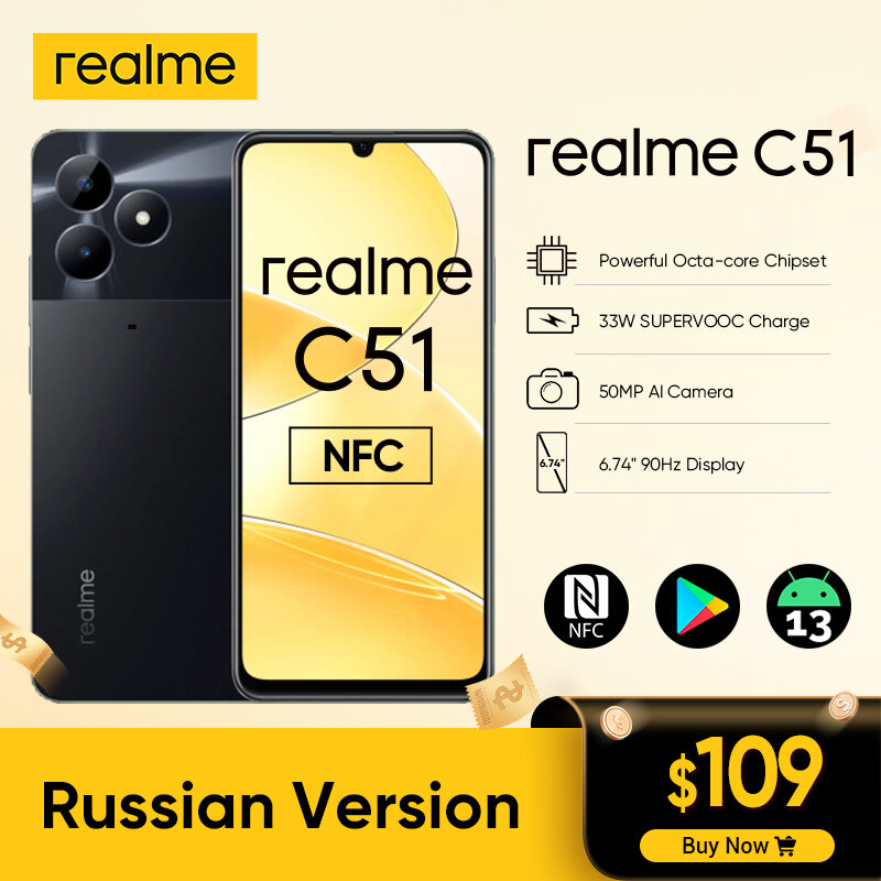 Realme C51 versión rusa, cámara ia de 50MP, 33W, carga SUPERVOOC, pantalla de 6,74 pulgadas, 90Hz, batería de 5000mAh, potente procesador octa-core