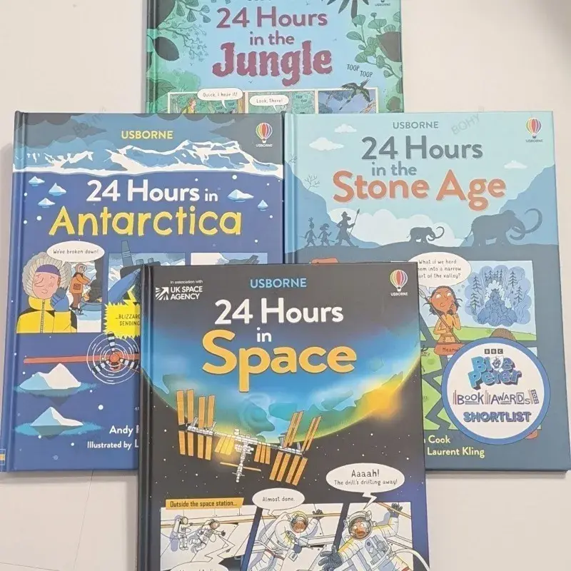 Libro de imágenes de lectura Usborne para niños, 4 libros, 24 horas en la Edad de Piedra, espacio, jungla, Antartica, Educación Temprana, inglés, tapa dura