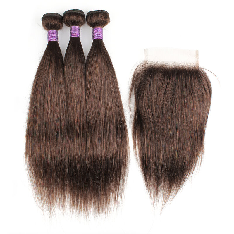 Dark Brown 3 Bundles With Frontal 220g/Lot Color #2 Straight Remy Indian Human Hair Extension 13x4 Transparent Lace Frontal