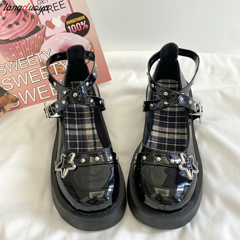 Sepatu kulit kecil wanita French Mary Jane sepatu Vintage tali pergelangan kaki sepatu Lolita hitam Y2K sepatu seragam Cosplay JK lucu