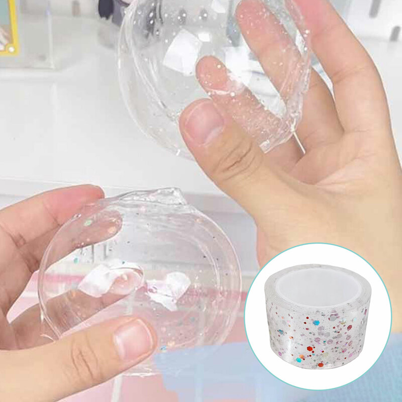 Clear with Stickers Reusable Nano Tape Double Sided Heavy Duty Removable for Classroom DIY Craft Pinch Toy Making Handmade Ball