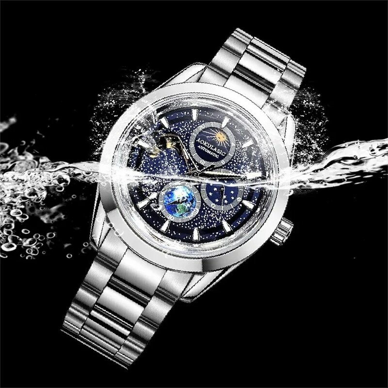 Мужские светящиеся автоматические часы AOKULASIC, модные повседневные механические наручные часы с Лунной фазой, мужские спортивные водонепроницаемые деловые часы