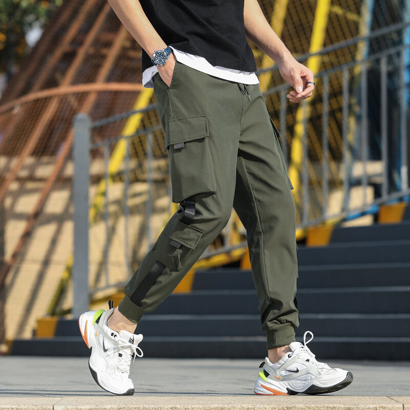 Calças de jogging hip-hop masculinas com fitas, calças largas na moda cargo, jogger de lazer masculino, calças harém, streetwear, novas