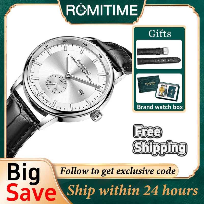 Romitime นาฬิกาควอทซ์สำหรับผู้ชาย, นาฬิกาผู้ชายตามสมัยนิยมสไตล์กลไกเรียบง่ายกันน้ำปฏิทินสแตนเลส