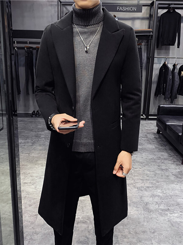 Nowa jesienno-zimowa męska brytyjska solidna średniej długości wełniane dla mężczyzn wełniana kurtka męska Slim Fit trencz biznesowy płaszcz męski