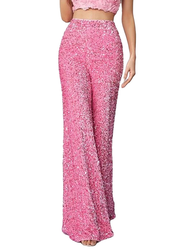 Women's Casual Wide Leg Straight Leg Pants Elastic Band High Waist Sequined Trousers Fashion Street Velvet Sequined Trousers