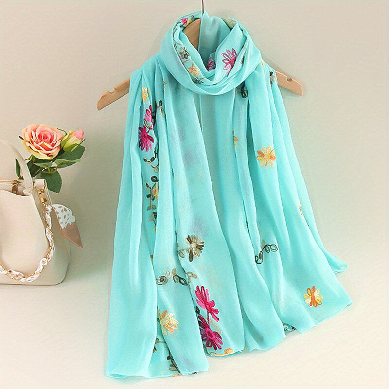Fular de algodón y lino con bordado degradado para mujer, pañuelo largo elegante, chal, Hijab, protección solar, verano, 2024