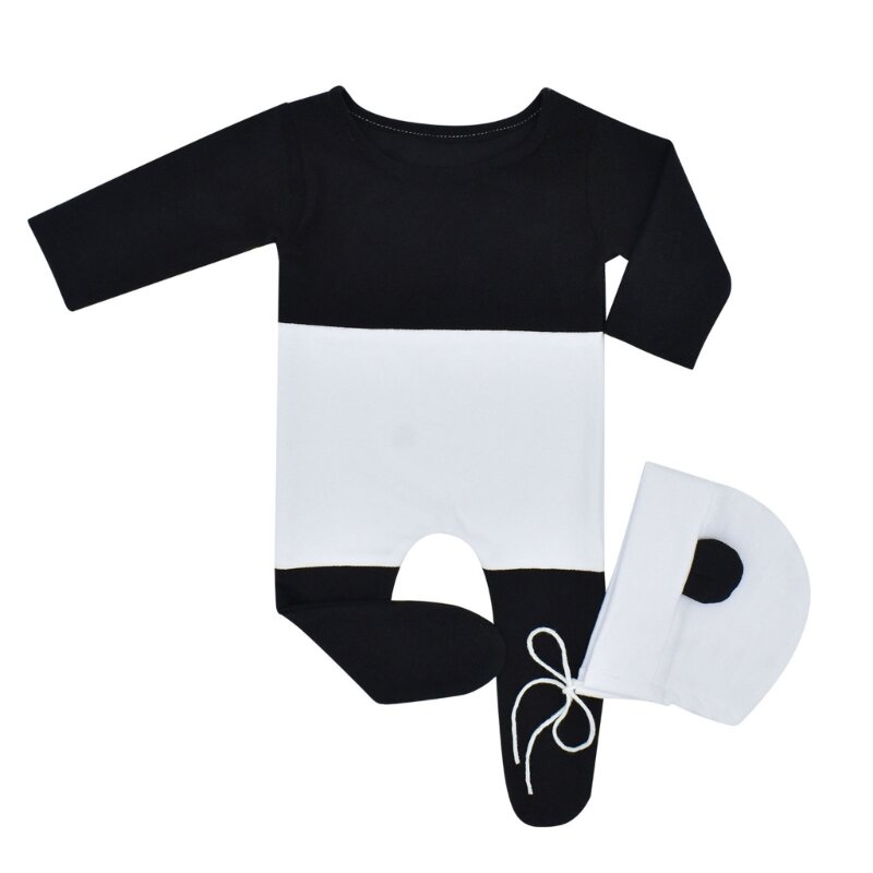 L5YF Kostum Fotografi Bayi Baru Lahir Menggemaskan Jumpsuit Bertema Panda Lucu & Alat Peraga Pemotretan Topi Dagu Dapat