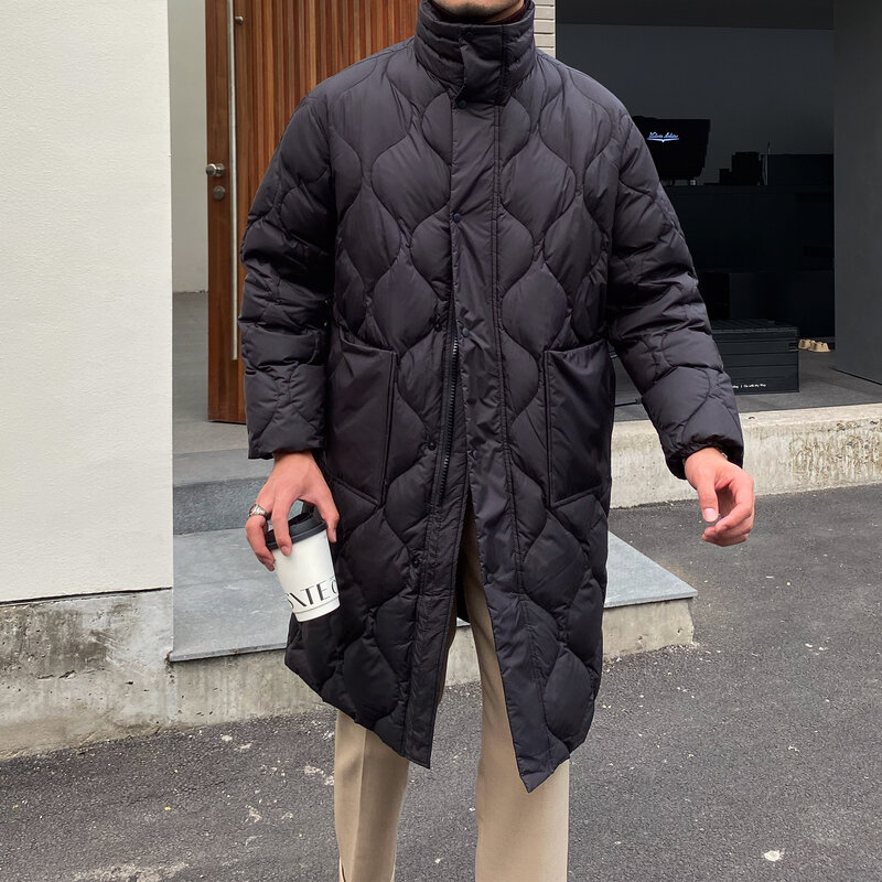 Parka longa masculina com gola de stand, estilo coreano elegante, jaqueta quente, ajuste regular, gola de stand, inverno