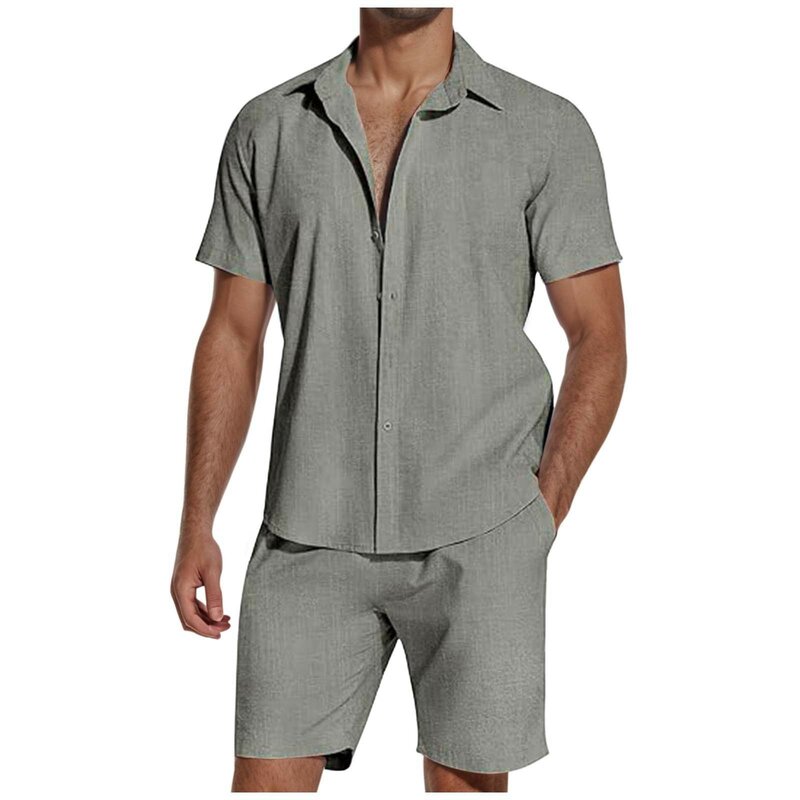 Men'a Spring And Fall 2-piece Beach-style Short-sleeved Button-down Lapel T-shirt Shorts Drawstring Casual Business Sports Suit