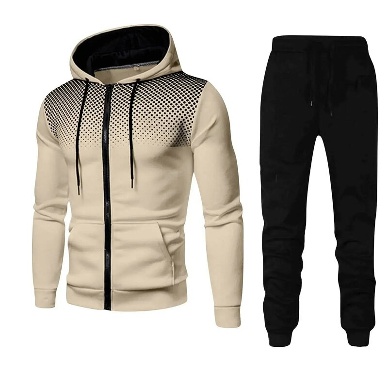 Casual Print Tracksuit Men Hooded Zipper Jacket+Black Sweatpants Fashion Two Pieces Set Solid Color Workout Jogging Sports Suits