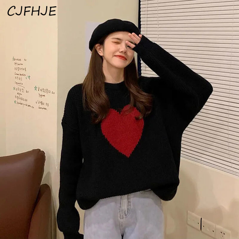 CJFHJE Korean Sweet Heart Sweaters Vintage Harajuku Lazy Wind Long Sleeve Pullovers Fashion Loose Knitted Casual Couple Jumpers