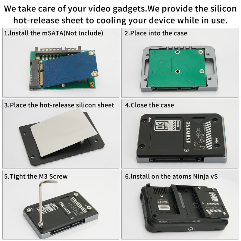 Andycine Lunchbox rozpraszanie ciepła dysk twardy obudowa mSATS do SATA ze stopu aluminium dla Atomos Ninja V obudowa na SSD