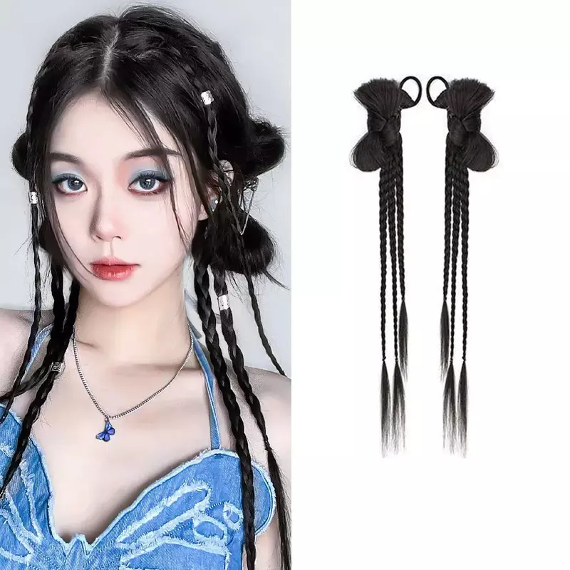 Y2K Wig ekor kuda wanita, model Cina baru ambil ekstensi ikat pita kepala bola kepang palsu wanita ikan Ji Pedas gadis tinju ekor babi