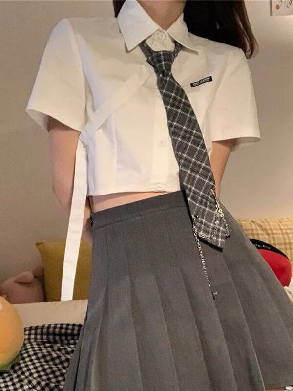 Zoki Jk Tie Sexy Cropped Shirt Women Design Preppy Style Cute Blouse Japan Casual Short Sleeve Fashion Letter Female Kawaii Tops