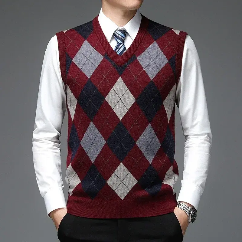 5 warna! Sweater rajut leher V pria, rompi tanpa lengan musim gugur dan musim dingin 2023 dengan rompi wol