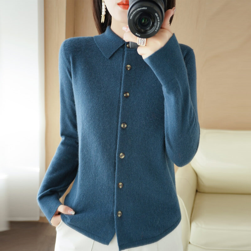 Women's Wool Knit Cardigan Jacket Loose Polo Collar Sweater Outer Solid Color Button Knit Shirt Pullover French 2022 New  Spring