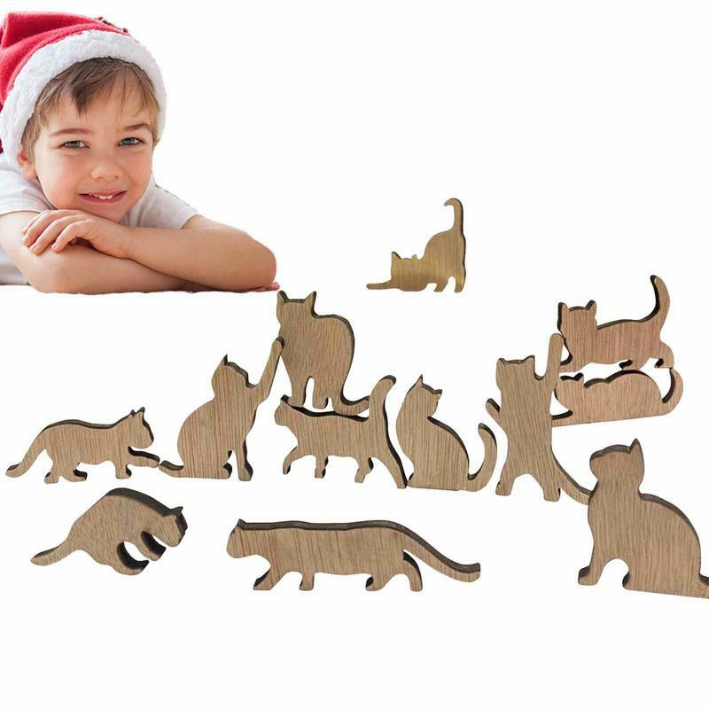미니 나무 인형 고양이 인형, 데스크탑 밸런스 스태킹 게임 장난감, 부모 자녀 상호 작용, 12 가지 모양 블록