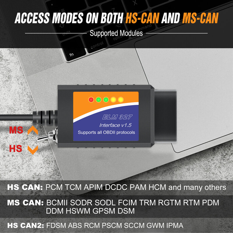 ELM327 V1.5 escáner de diagnóstico de coche, lector de código USB OBD2 con interruptor Adecuado para Ford PIC18F25K80 y CH340 Chip HS CAN MS CAN