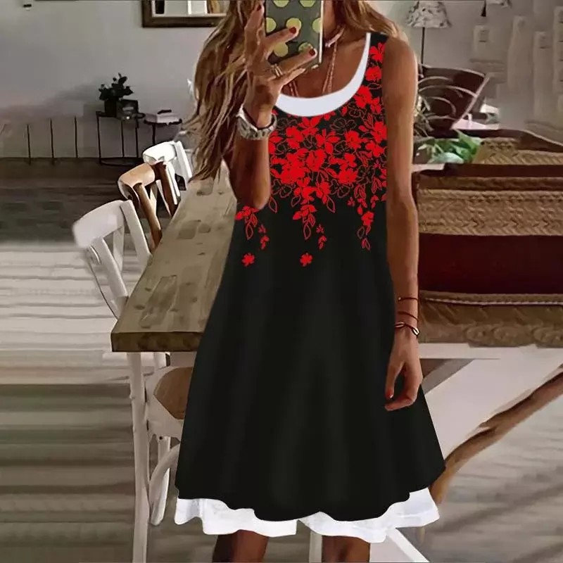 프린트 민소매 무릎 높이 U넥 캐주얼 드레스, 부드럽고 편안한 루즈 플로럴 페이크 투피스 여성 원피스, 2023
