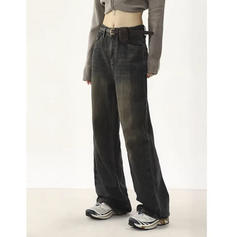 Jeans vintage de perna larga feminino, moda streetwear de cintura alta, estilo Y2K, básico, alta qualidade