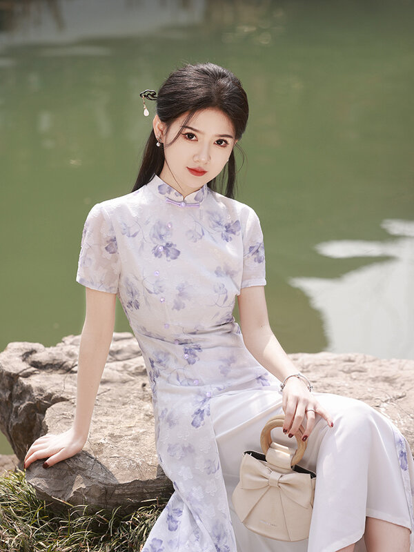 중국 패션 전통 원피스 Qipao 여성 슬림 젊은 원피스 빈티지 인쇄 여성 국가 스타일 긴 치파오, 신제품
