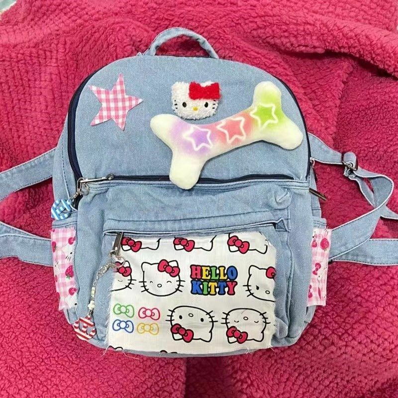 MBTI Y2k Hello Kitty Womens Backpack Original Denim Vintage Patchwork Sweet Harajuku Casual Backpacks Female New Aesthetic Bags
