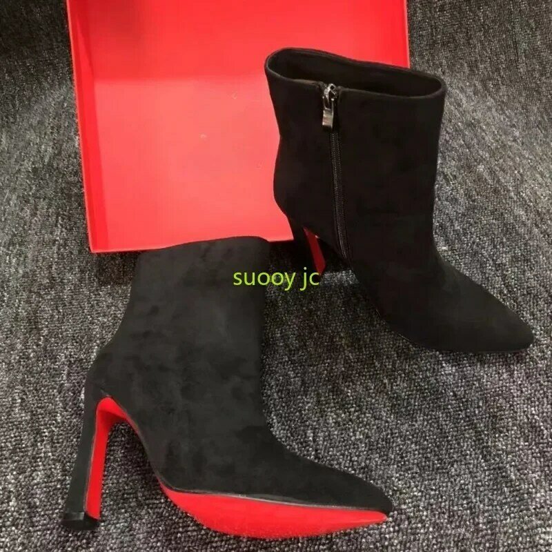 Luxury high quality Fashion Sexy Crystal Red sole shoes Ankle Boots For Woman Pointed Toe Shoes Party Modern Autumn Booties