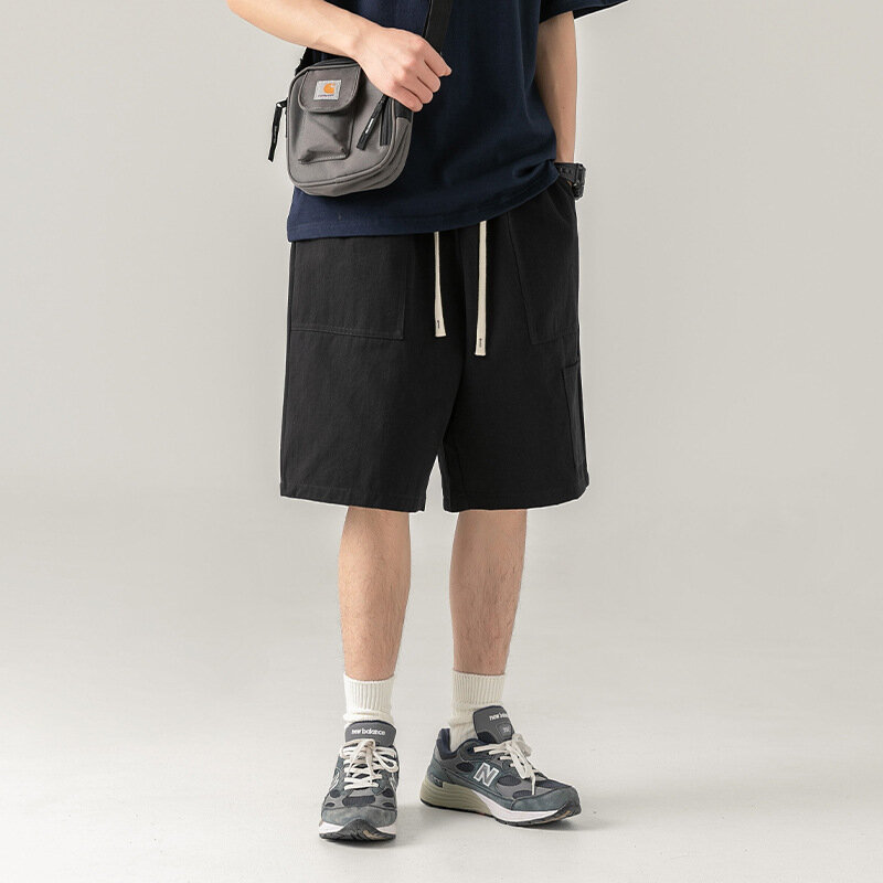 Estilo japonês esportes shorts para homens, calças soltas e casuais com bolso grande, novo design verão