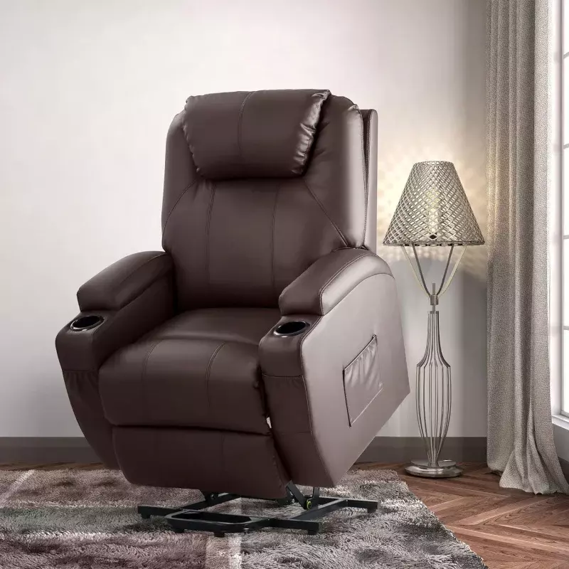 JUMMICO kursi malas angkat daya, dengan panas dan pijat untuk orang tua kulit PU kursi Sofa malas Modern dengan tempat cangkir, Rem