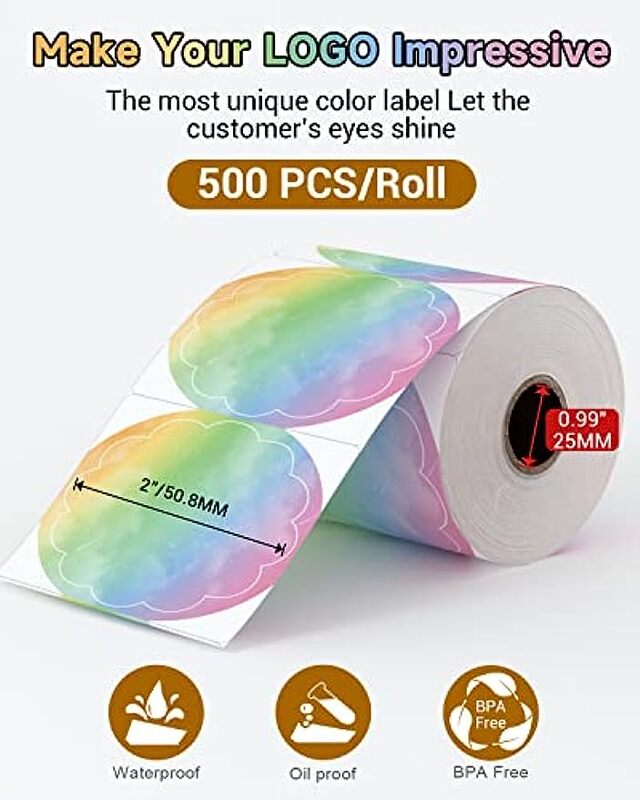 Phomemo-impresora de etiquetas PM-241BT, etiquetas adhesivas redondas, cuadradas, Color arcoíris, diseño de logotipo DIY, pequeña empresa