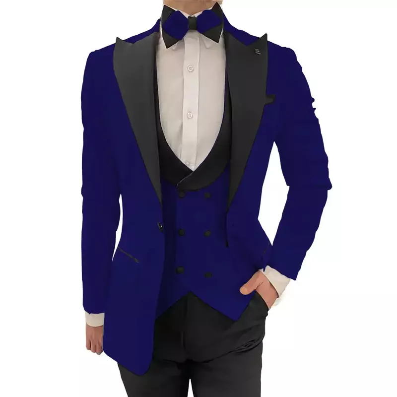 Костюм смокинг мужской классический, блейзер с заостренным воротником, двубортный свадебный пиджак + жилет + брюки, костюм для выпускного вечера, 3 предмета