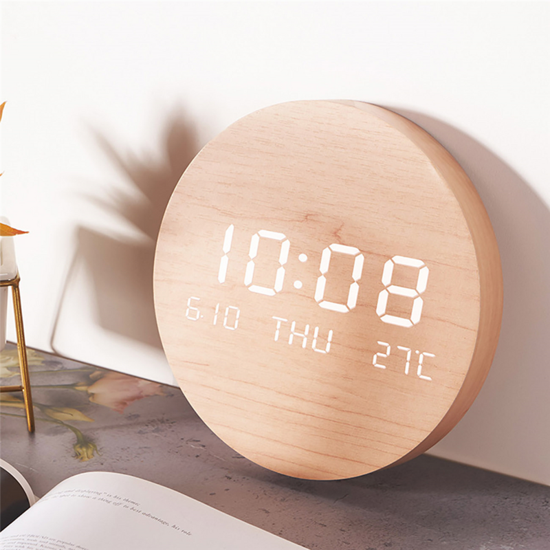 Reloj de pared LED Digital de madera para decoración del hogar, reloj de pared Circular con Cable de CC, calendario de tiempo y temperatura
