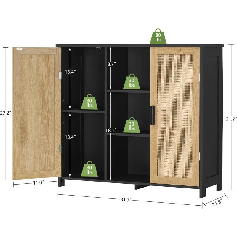 Armario de ratán con 3 estantes ajustables, aparador, barra de café, armario de acento para sala de estar, entrada, negro + Natural